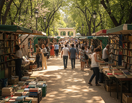 Personas en el Retiro en la Feria del libro