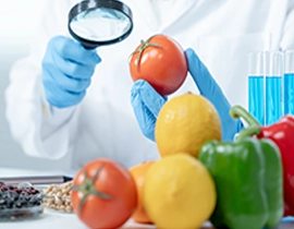 Personal de laboratorio con una lupa mirando alimentos